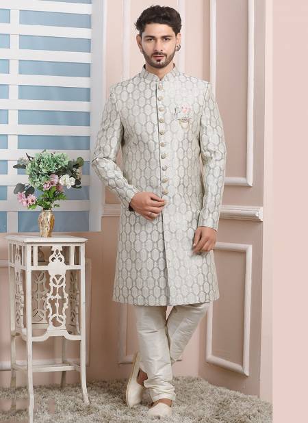 Gray Party Wear Mens Jaquard Silk Indo Western Collection 1683
